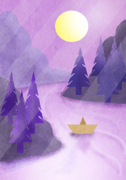 紫色治愈树船舶场景插画