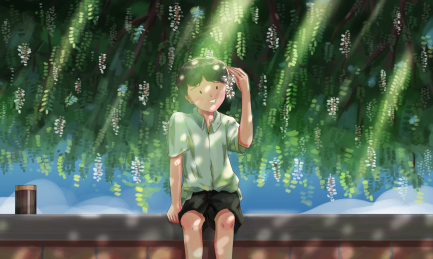 坐在房顶摘槐花的男孩