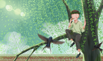 坐在柳树上吹哨子的男孩