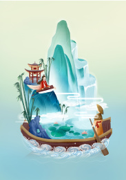 中国风微观山水场景一人弹琴一人倾听