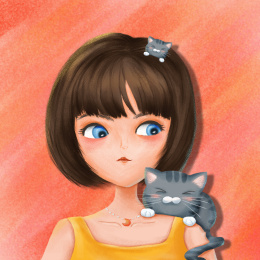 儿童插画人物头像可爱小猫咪趴在小女孩肩上