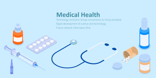 注射器和药品等距插画，医疗保健概念