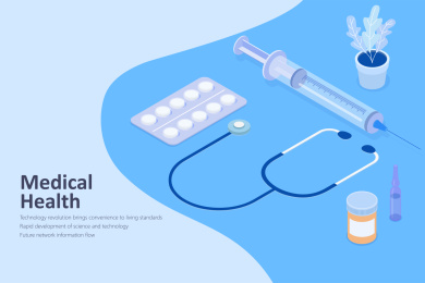 注射器和药品等距插画，医疗保健概念