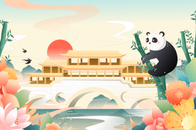 中国四川成都安顺廊桥建筑矢量插画