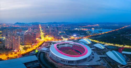 航拍安徽马鞍山大型现代体育馆及城市夜景