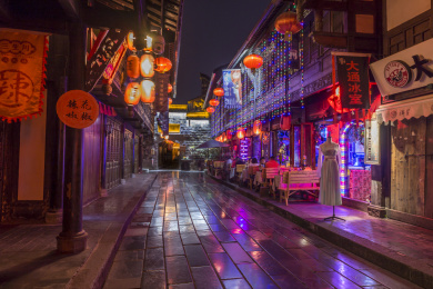 成都锦里古镇老街中式古建筑夜景