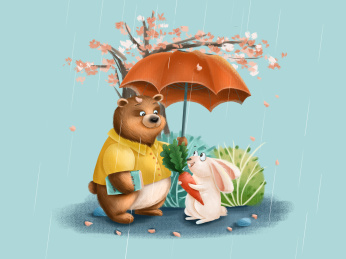 下雨天小熊为拿着胡萝卜的小兔子打伞
