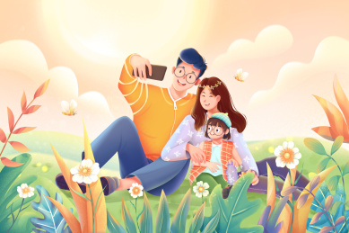 一家三口坐在草地上自拍