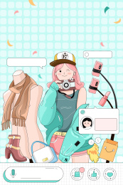 浅绿色背景上的时尚美妆服饰女主播