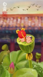 白露-虎头帽娃娃趴在莲蓬上