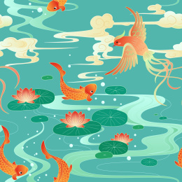 中国风飞鸟与鲤鱼无缝连续插图