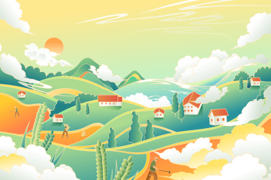 农民耕耘自然风景矢量插画