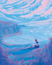 少女在山顶望着海面与远处的天空