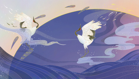 中国传统图案云中白鹤创意插画