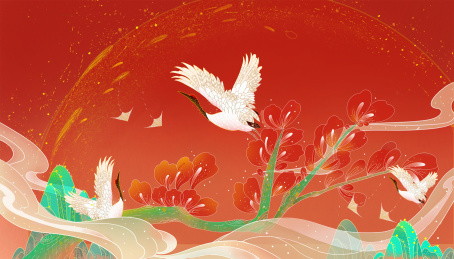 国风创意云中白鹤图