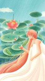 穿白色长裙的女孩在荷塘旁边看荷花节气插画