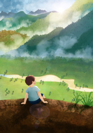 男孩坐在山顶上看日出插画