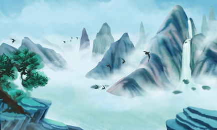 中国风蓝色古典水墨山水画