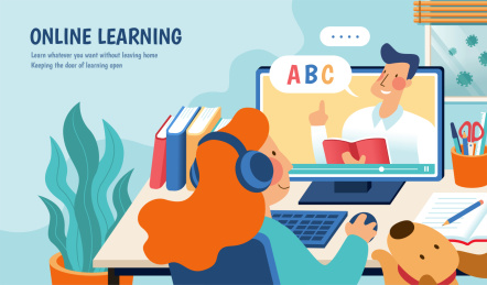 疫情期间在家远程学习平面插图