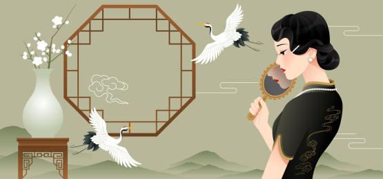 一个拿着镜子的旗袍美女和仙鹤花瓶等背景