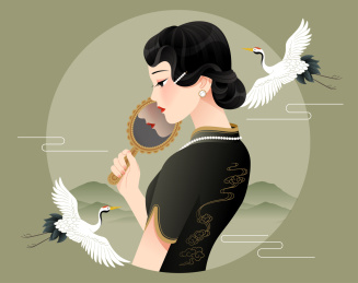 一个拿着镜子的旗袍女性和仙鹤