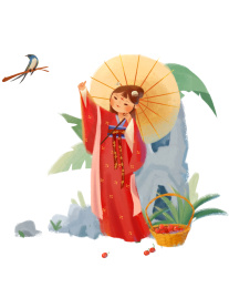 站着的古风少女举着油纸伞看着鸟