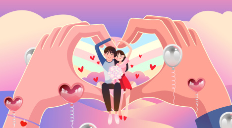 彩云心形气球下情侣在比心的手中一起比心横