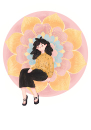 花朵背景中的女孩