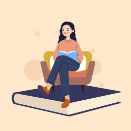 坐在沙发上读书学习的大学生矢量插画