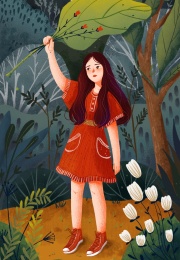 手拿叶子的女孩儿在丛林中等待花开