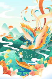 凤凰和自然风景矢量插画