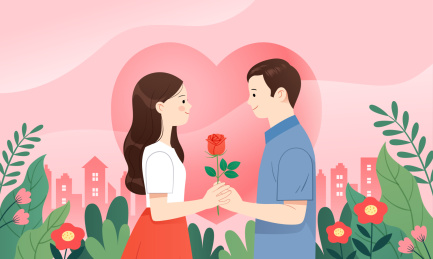 花丛中一个男人送玫瑰花给女人