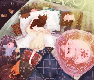 女孩和猪猪小猫在床上睡觉