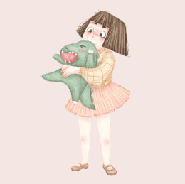 女孩和恐龙玩偶在玩耍