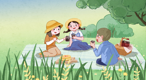 晴朗室外在开心露营的三个小伙伴