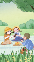 晴朗室外在开心露营的三个小伙伴