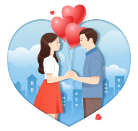 一对情侣拿着心形气球