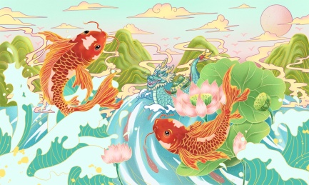 端午节赛龙舟锦鲤戏荷花