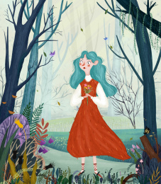 儿童插画场景人物少女植物花卉大自然