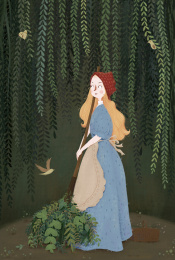 一个小女孩在打扫树叶