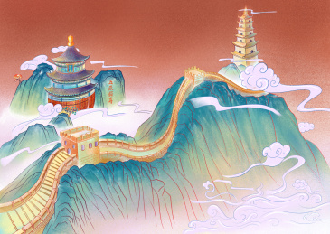 万里长城和泰山与大雁塔的画面