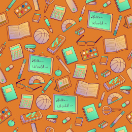 书本笔袋笔橡皮尺子篮球等文具无缝拼接背景