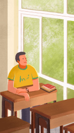 夏天坐在教室里望向窗外的男生插画