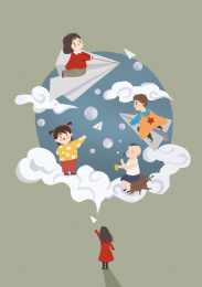 童年男孩女孩玩纸飞机吹泡泡