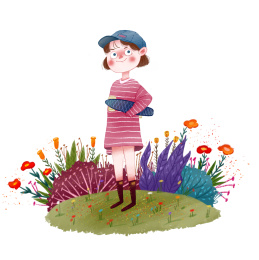 小女孩在鲜花盛开的草地上滑滑板