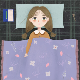 躺在床上正在思考的小女孩插画