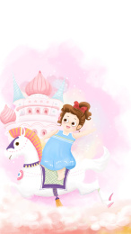 儿童节在城堡里坐木马的女孩