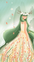 身穿长满鲜花的长裙的女孩回眸节气插画