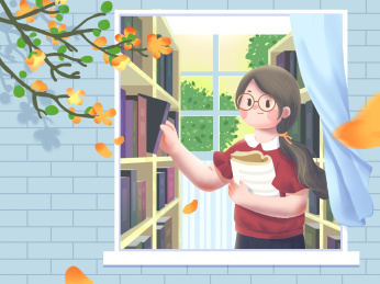 小清新图书馆书架旁戴眼镜的女孩插画