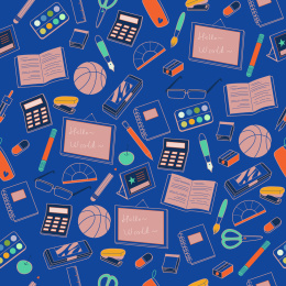 书本笔袋笔橡皮尺子篮球等文具无缝拼接背景